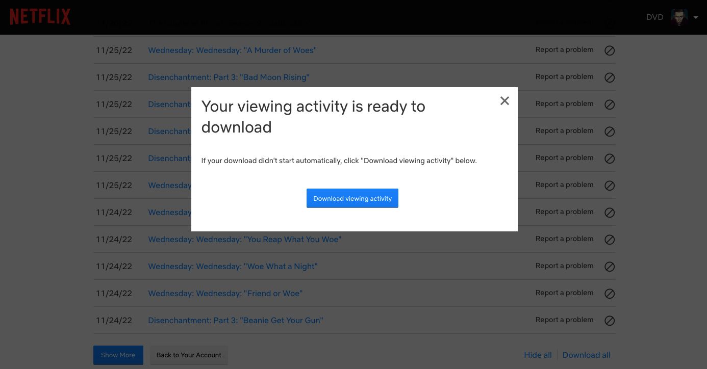 Netflix viewing activity download message
