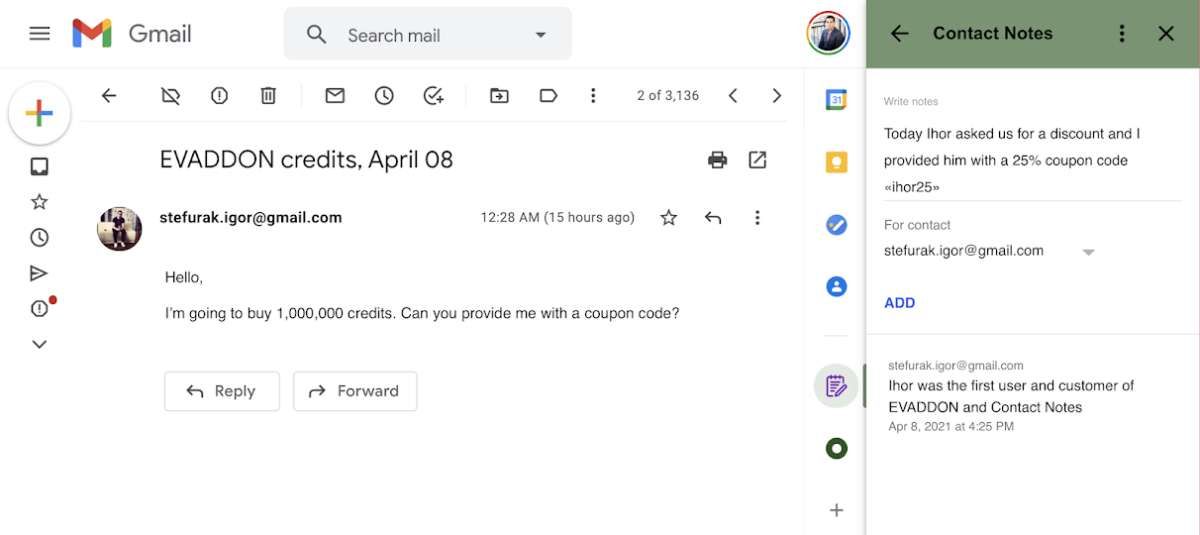 Contact Notes CRM is a Gmail add-on for desktop and mobile to write notes about any client or customer, so you know past interactions and personal thoughts when they mail you again
