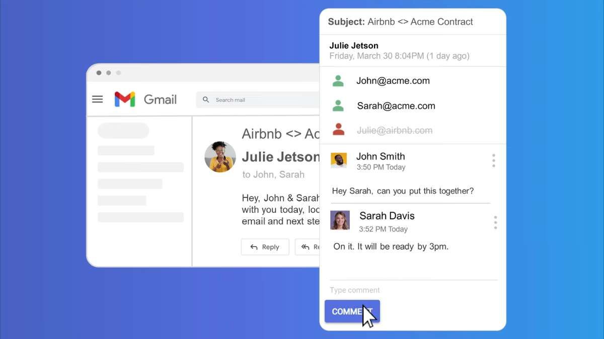 Add-on Komentar Email memungkinkan Anda mengirim komentar di Gmail untuk berkolaborasi dalam pesan, sama seperti Google Dokumen