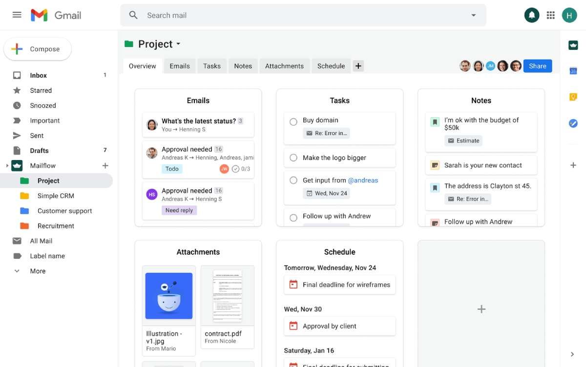 Mailflow is a powerful email management system for Gmail that gives you a dashboard to manage your projects, automatically imports tasks and schedules, and allows you to collaborate with your team by assigning to-dos, making comments, and adding notes