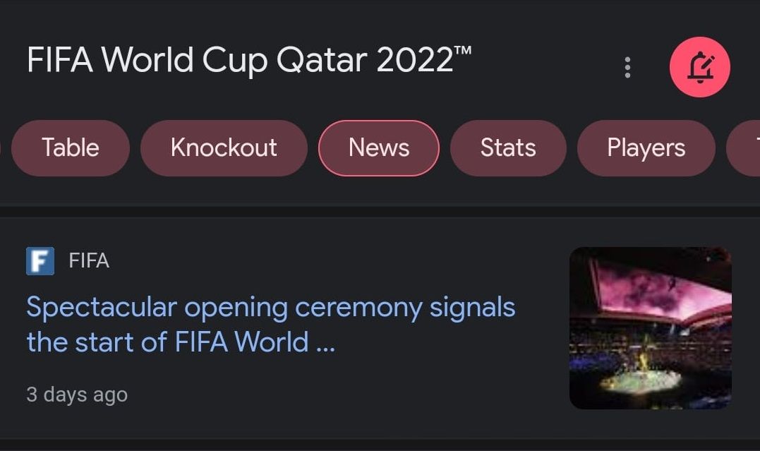 Lista de secciones de la Copa del Mundo para la aplicación de Google con resultados de noticias