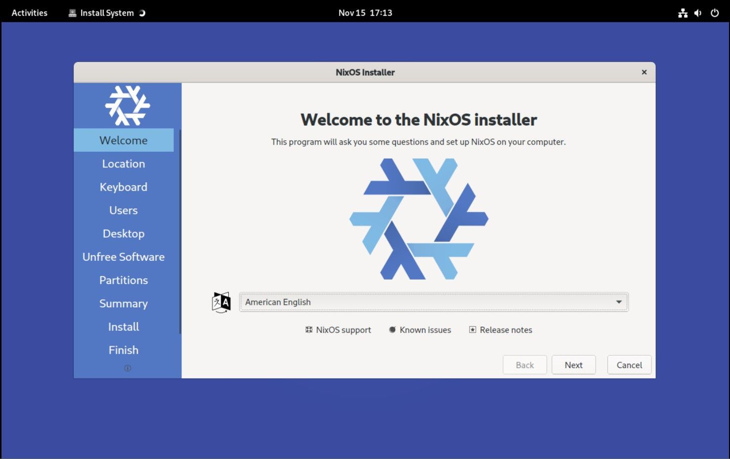 Interface de configuration du programme d'installation de NixOS