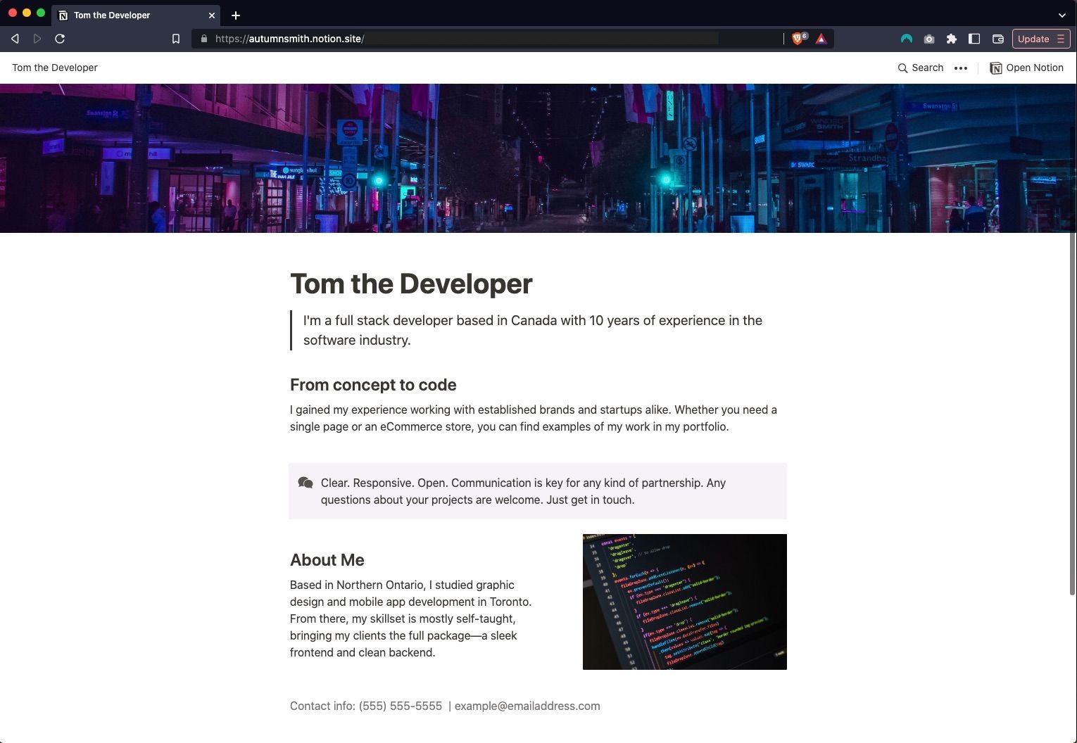 Example website in a web browser