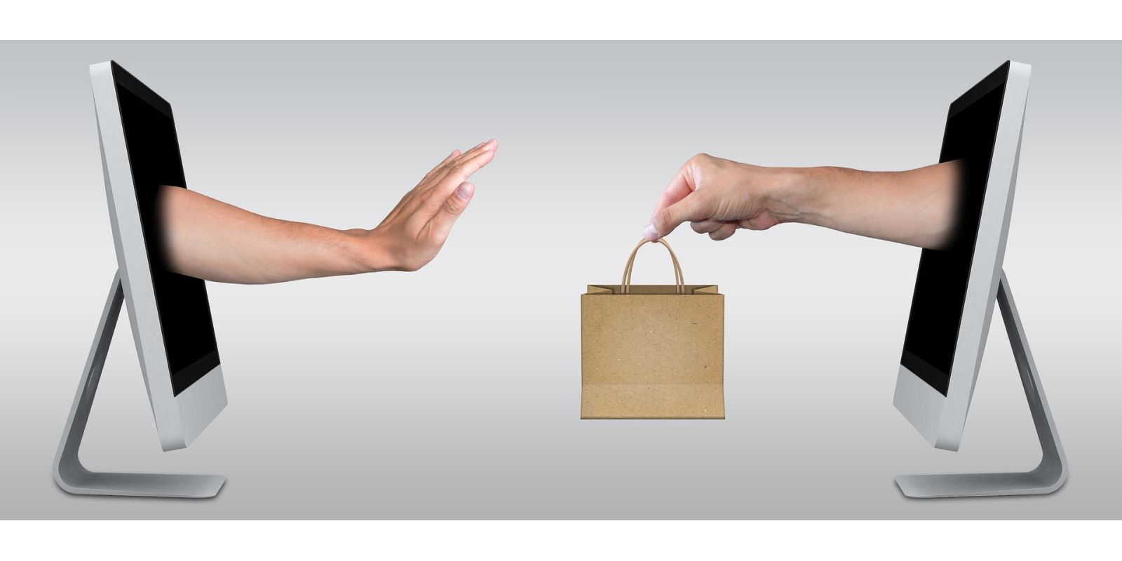 hand refusing a shopping bag offered by another hand coming out of a computer screen