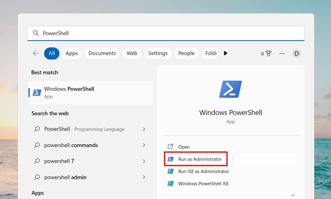 Abra Windows PowerShell usando la Búsqueda de Windows
