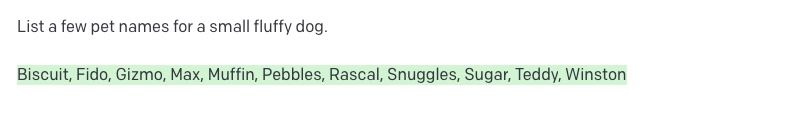Screenshot of OpenAI Playground prompt completion listing dog pet names.