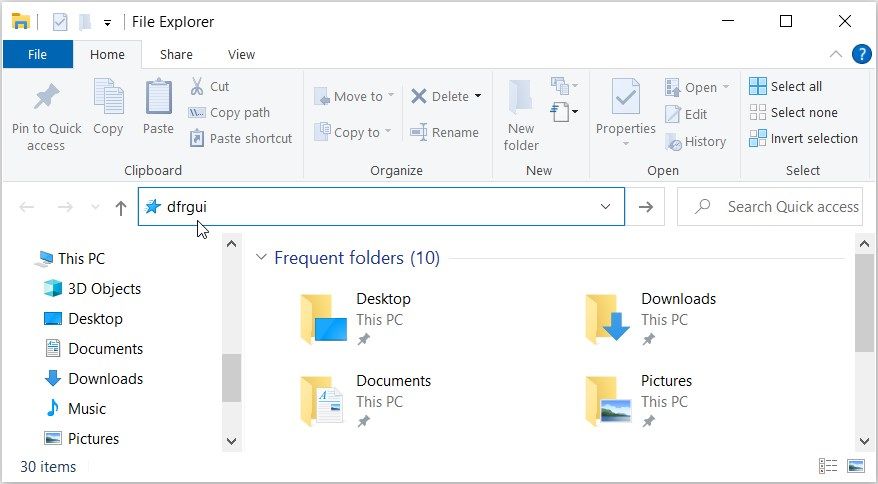 Opening the Disk Defragmenter app using the File Explorer address bar