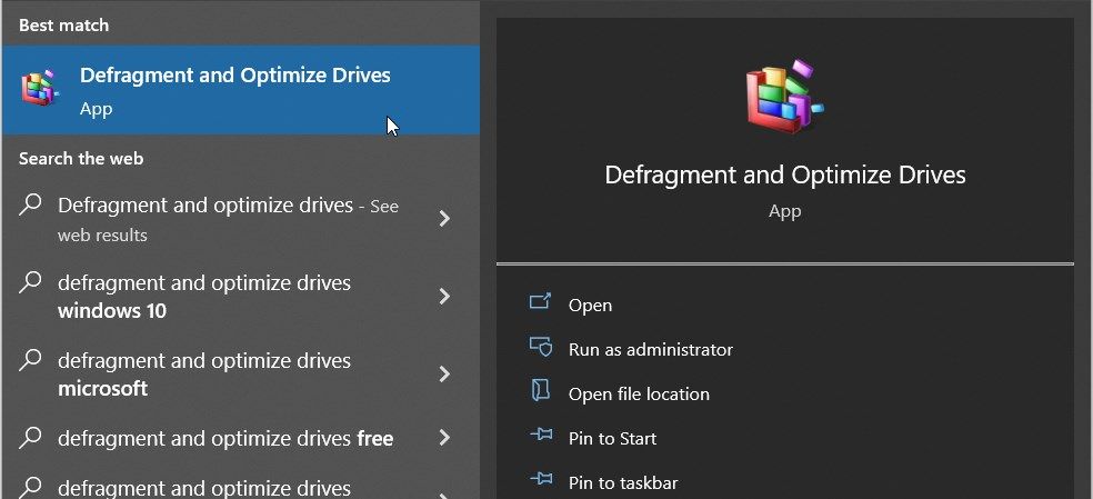Opening the Disk Defragmenter app using the Start menu search bar