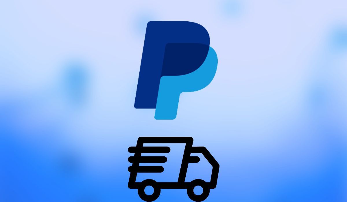 Logo PayPal avec illustration de camion de livraison sur fond bleu