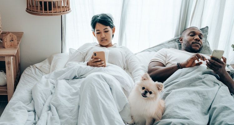 A couple lying in bed scrolling through their phones