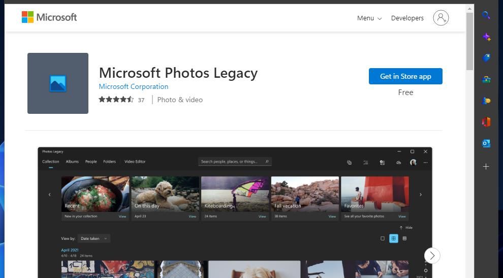 The Microsoft Photos Legacy app page
