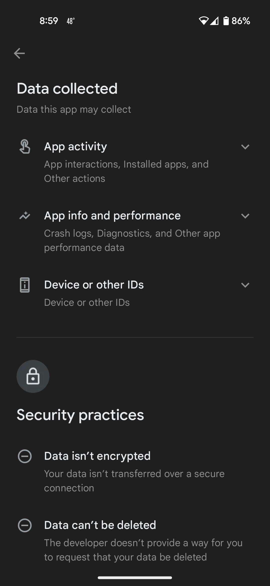 Details listing how an app collects data and keeps it safe