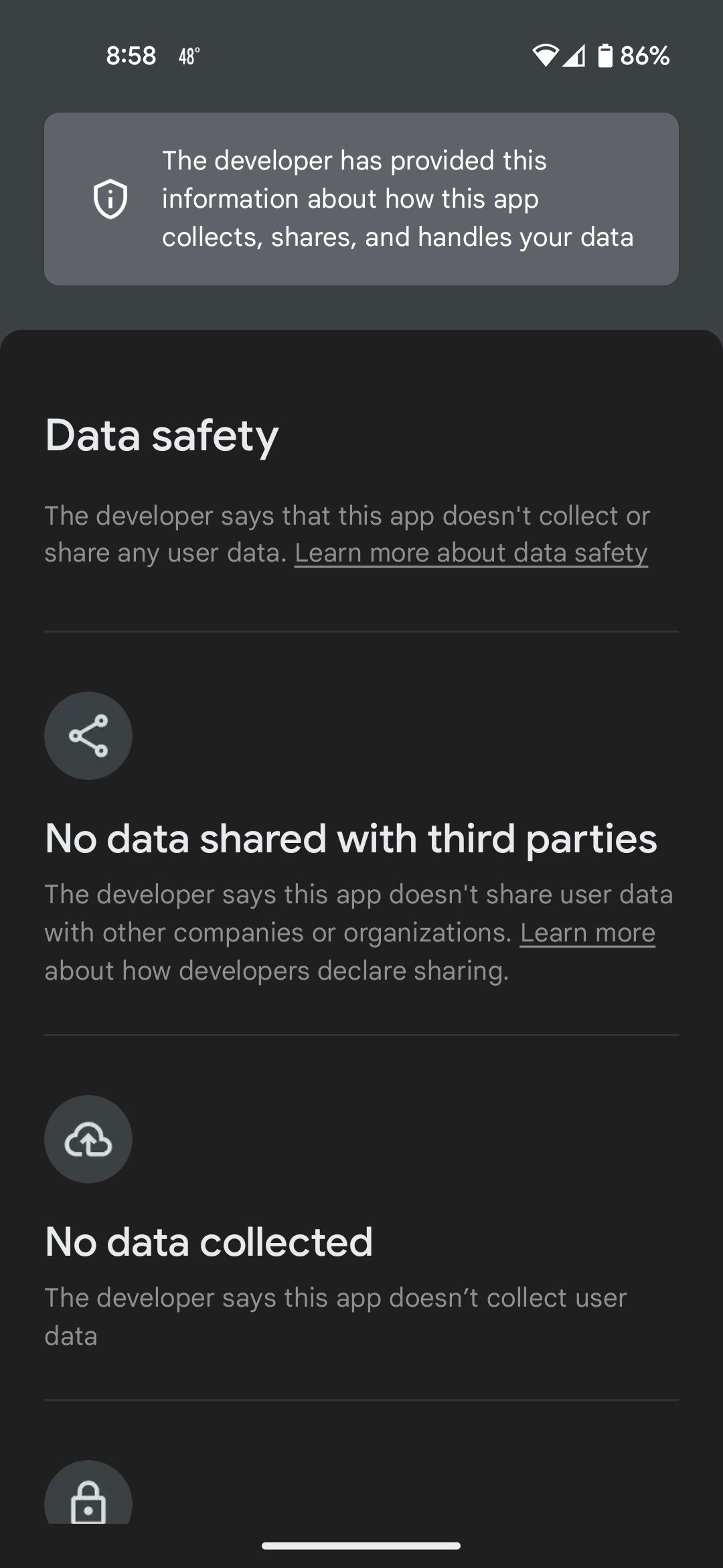 The data safety section of an app's page on Google Play