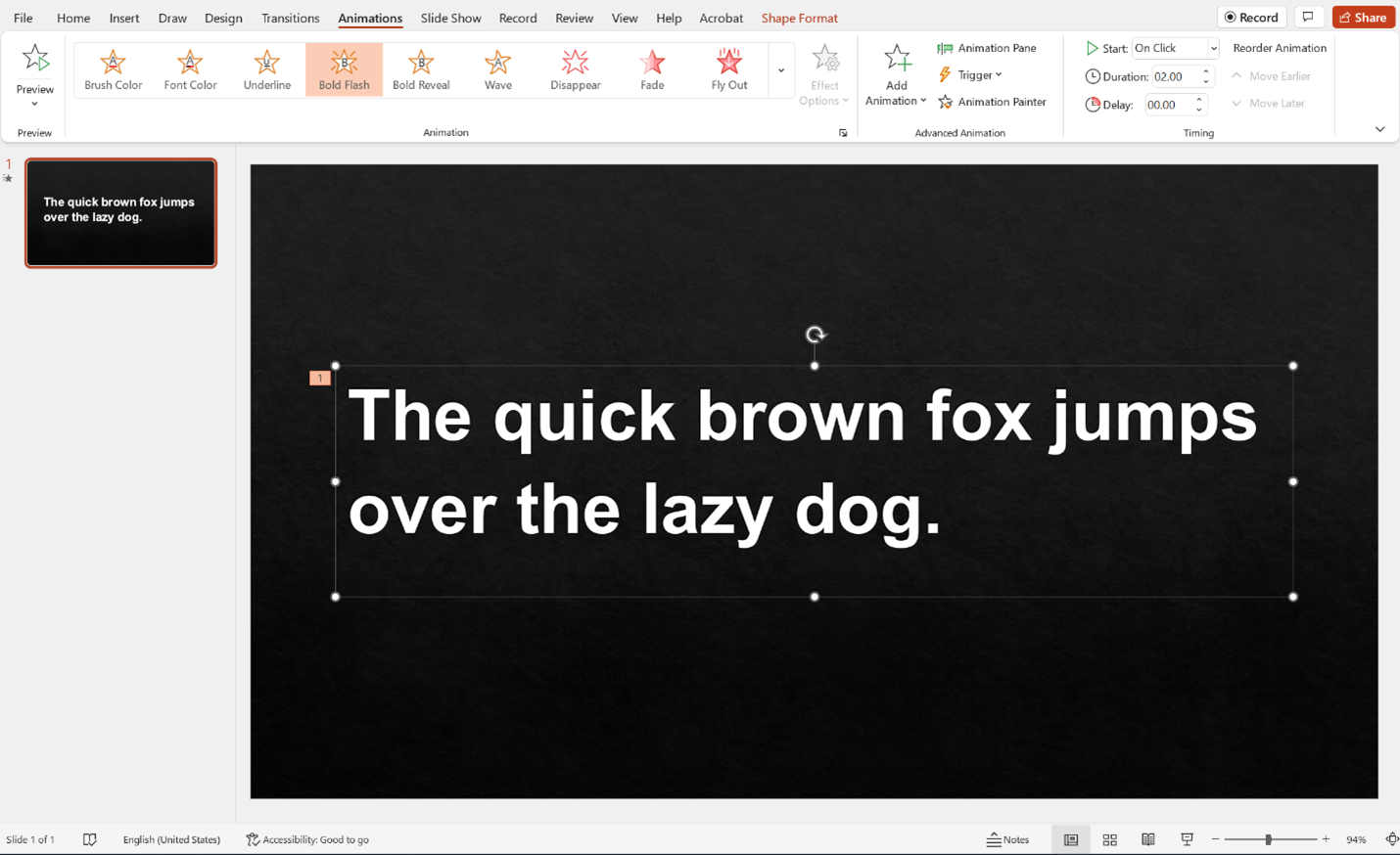 A sentence in PowerPoint. The text box is selected.