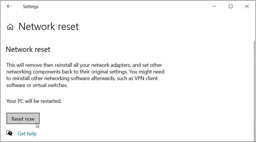 Pressing the Reset now button on the Network reset settings screen