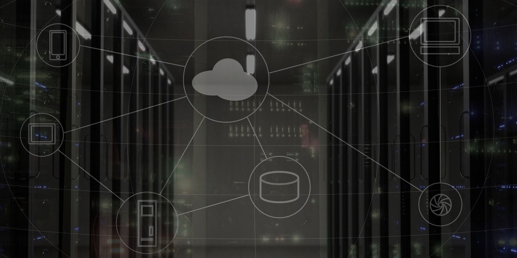Server room with cloud, network and computer symbols