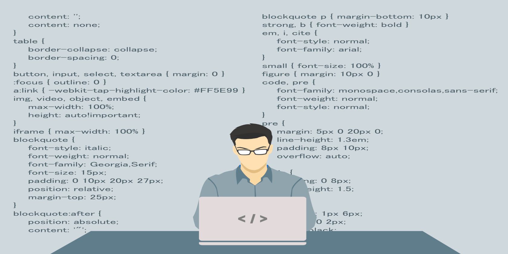 An illustration of a programmer coding on a laptop, superimposed on CSS in the background