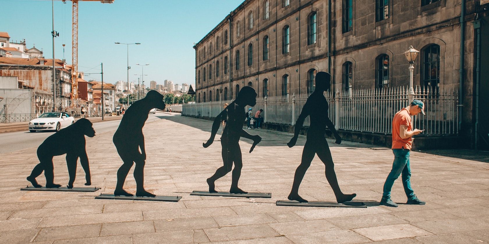 Four sculptures representing the evolution of man, from an ape on the left, to modern man on the right. To the right of these sculptures is a real person, staring intently at their mobile phone.