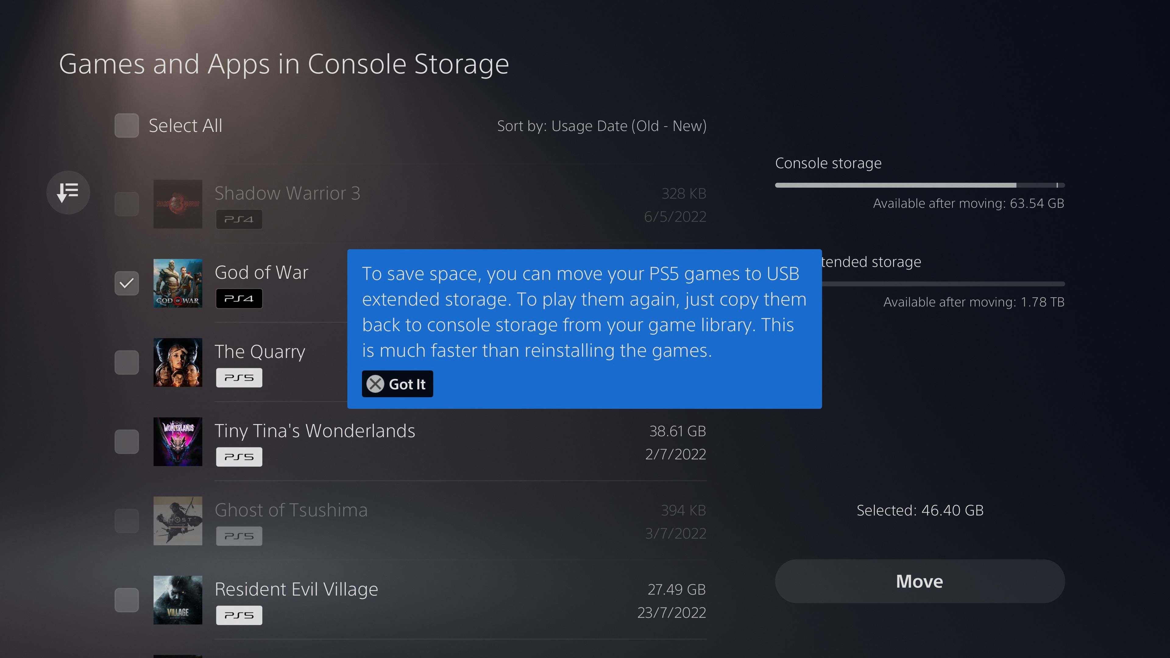 PS5 games and app storage