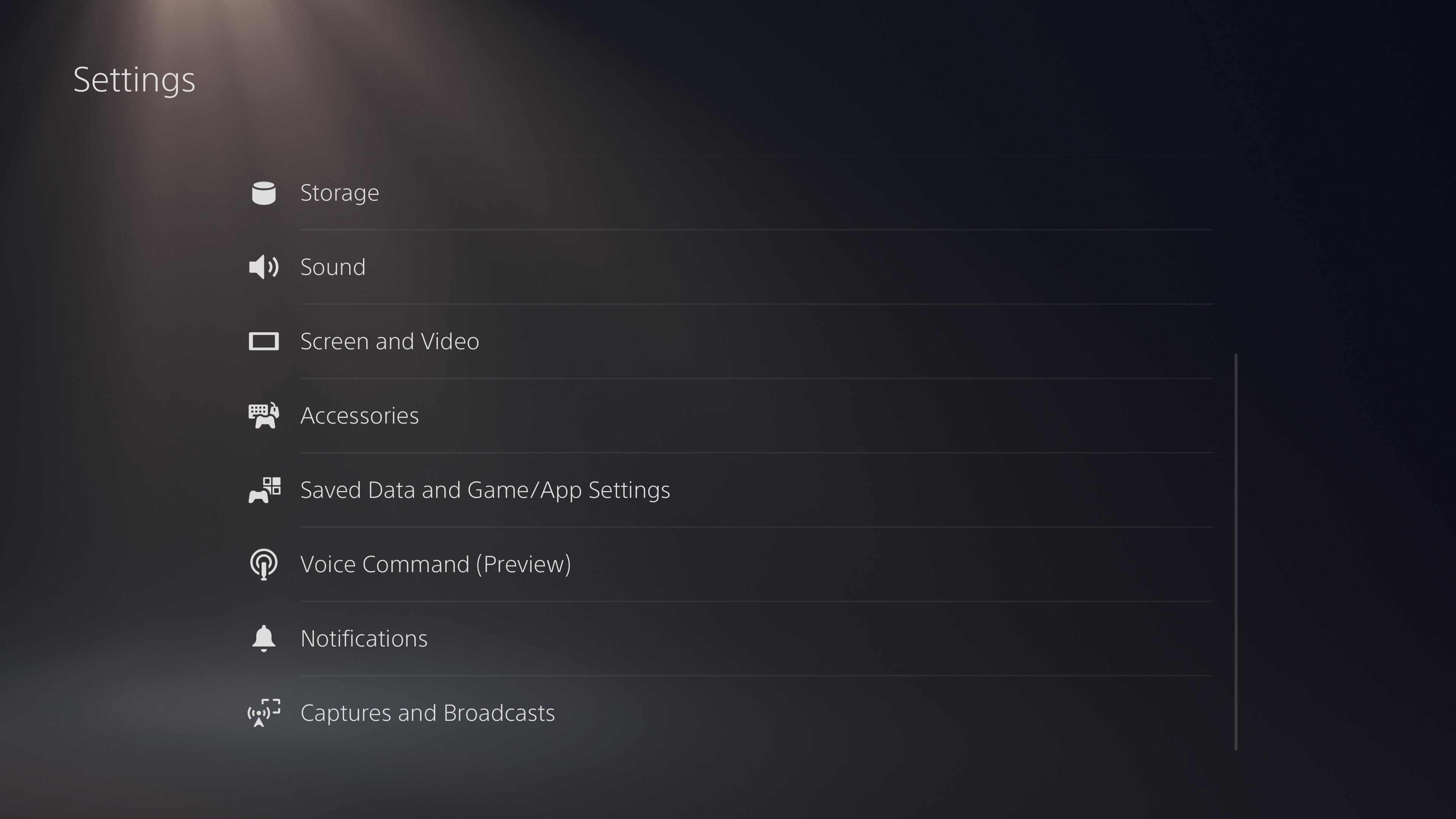 PS5 settings page