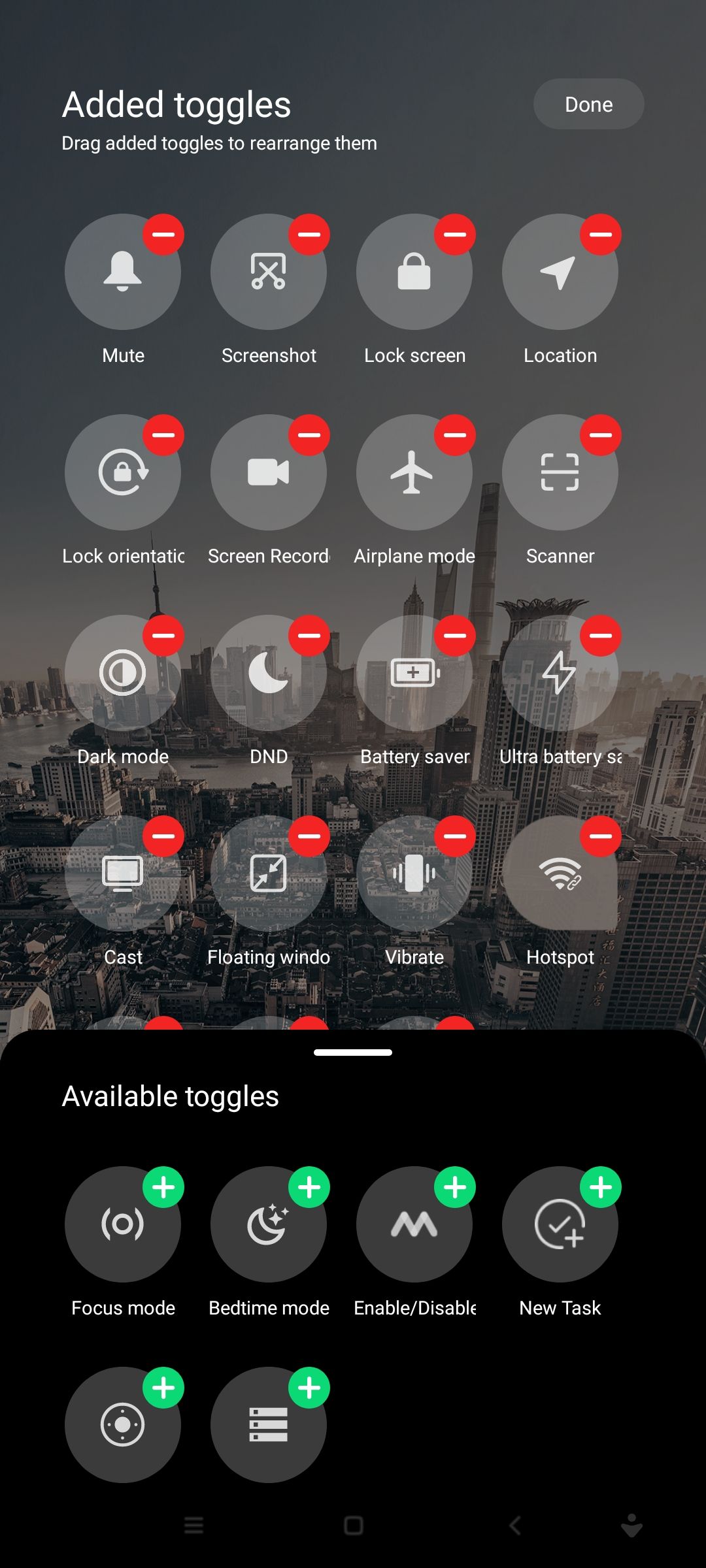 Available toggles on Android quick settings menu