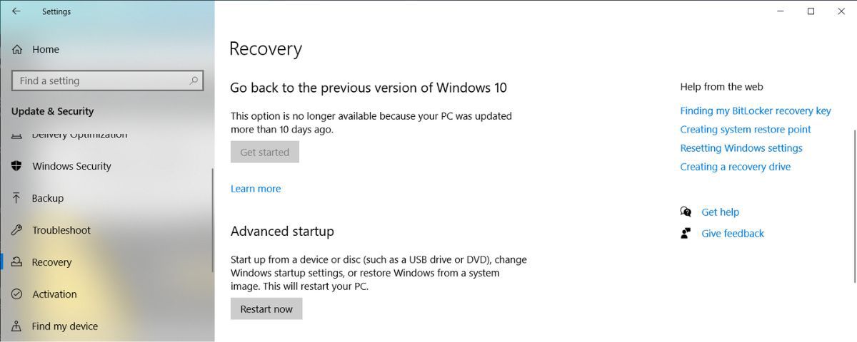 Windows recovery settings