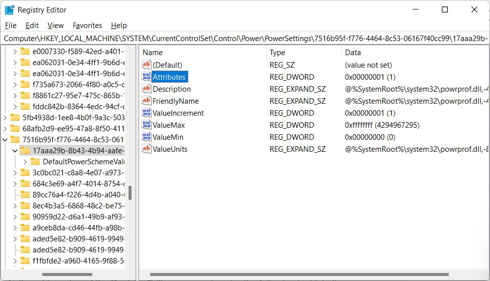  the attributes entry in the windows registry editor