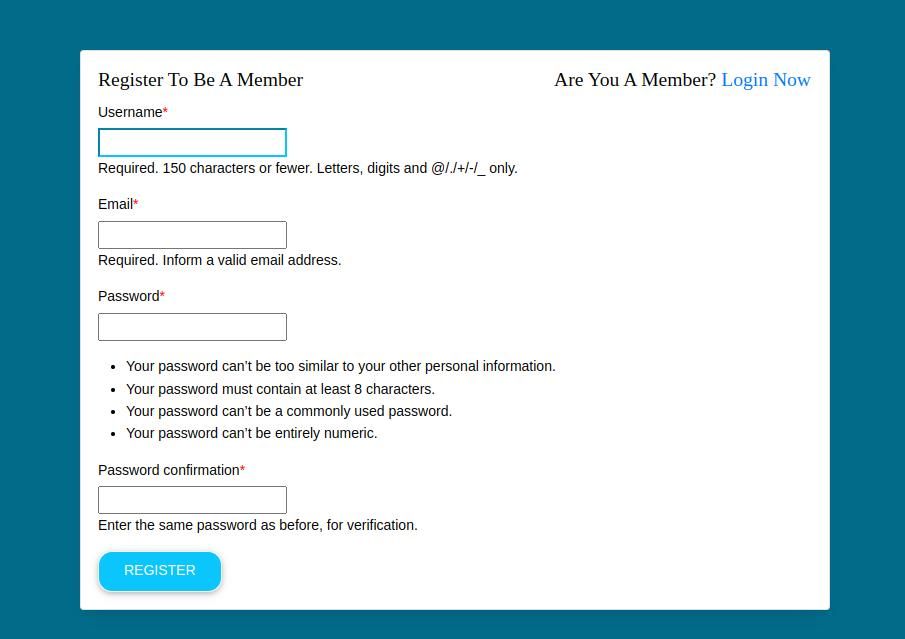 registration form displayed in browser