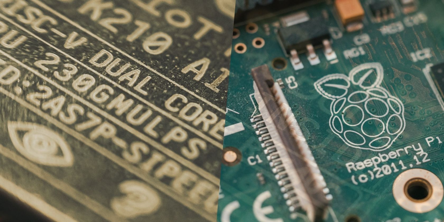 Close-ups of RISC V and Raspberry Pi boards
