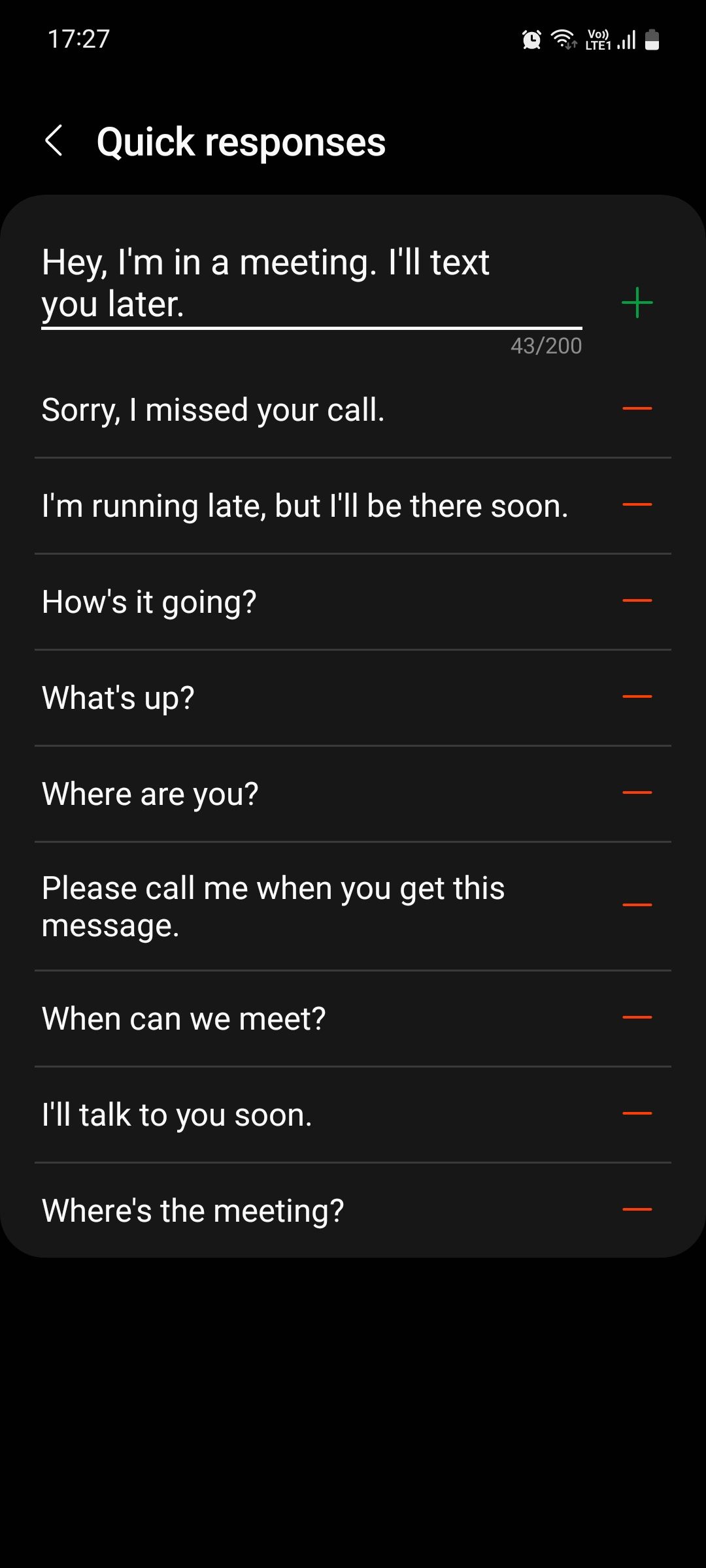Samsung Messages Quick responses menu
