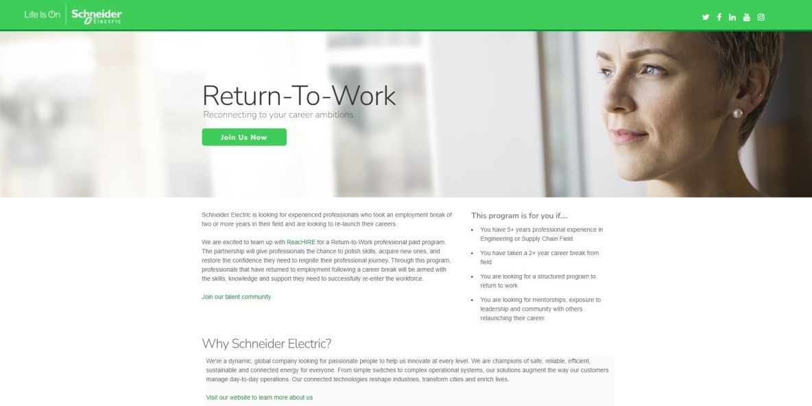 Schneider Electric Return-To-Work returnship program website 
