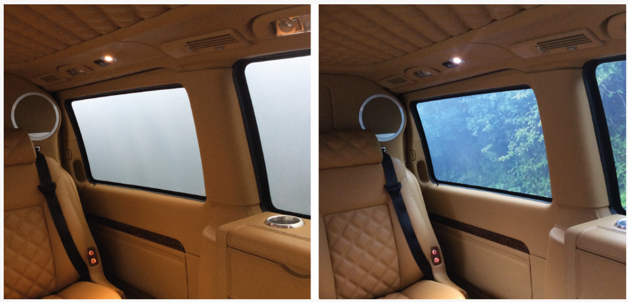 Smart glass windows inside a vehicle are shown side-by-side, image on the left has opaque windows, image on right has clear windows