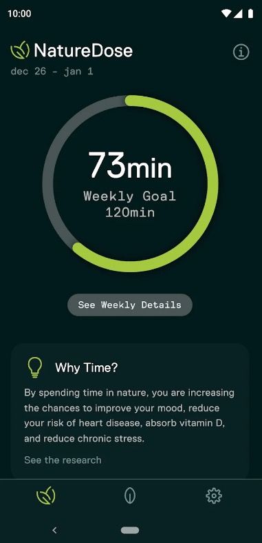 Screenshot of the NatureDose app showing outdoor minutes