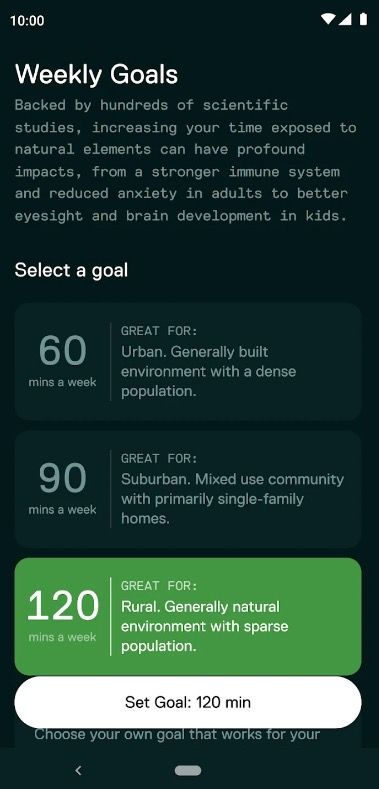 Screenshot of Goals in the NatureDose app