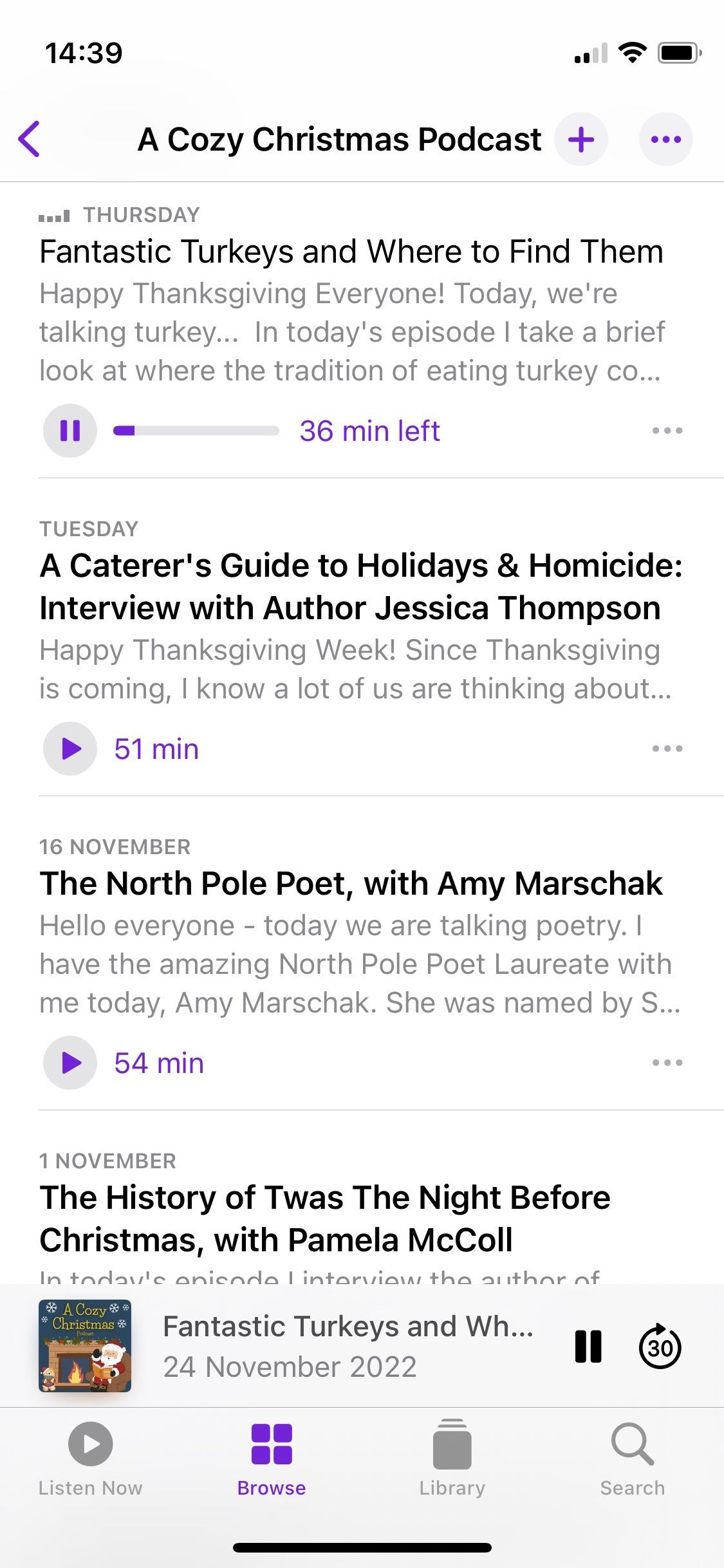 Screenshot of the A Cozy Christmas podcast showing the list of episodes