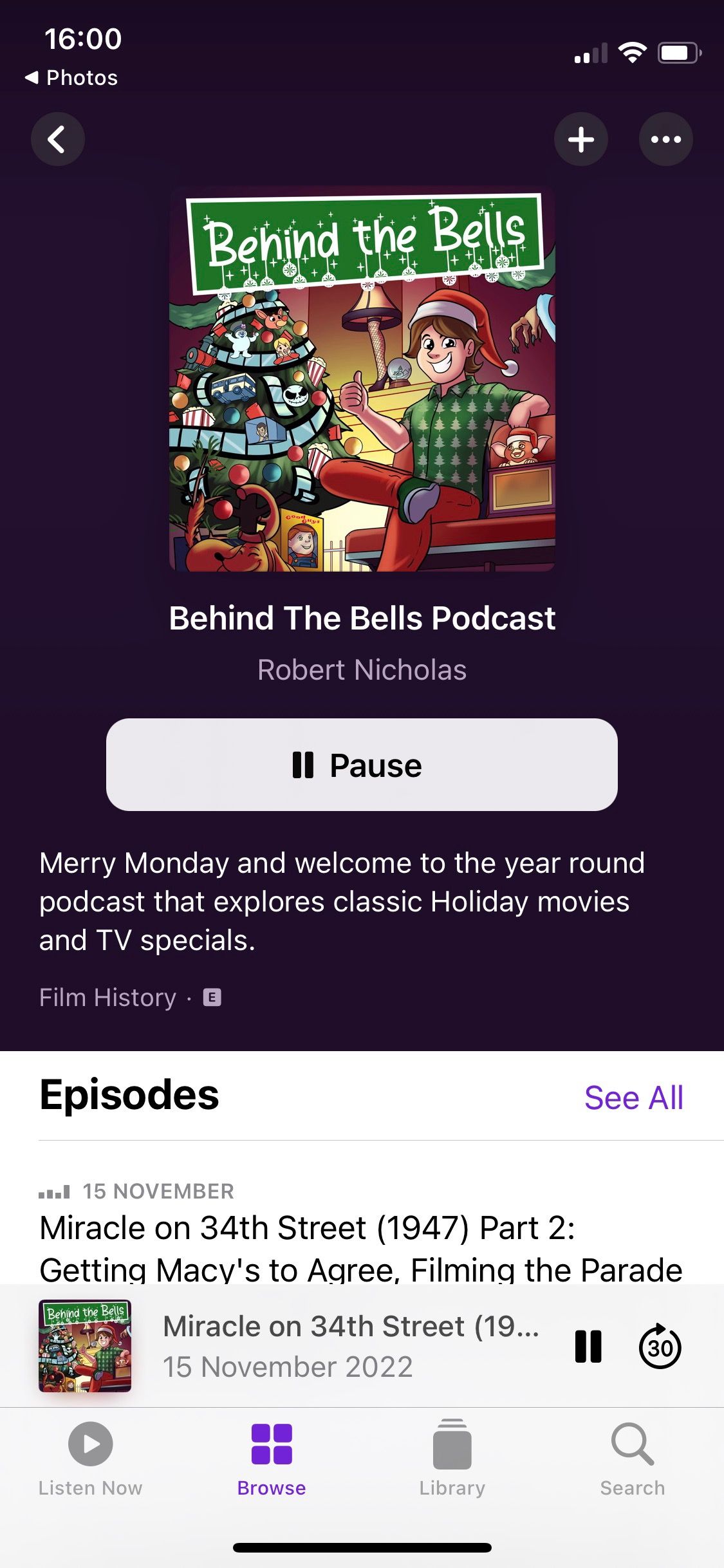 Capture d'écran de l'écran d'accueil du podcast Behind the Bells