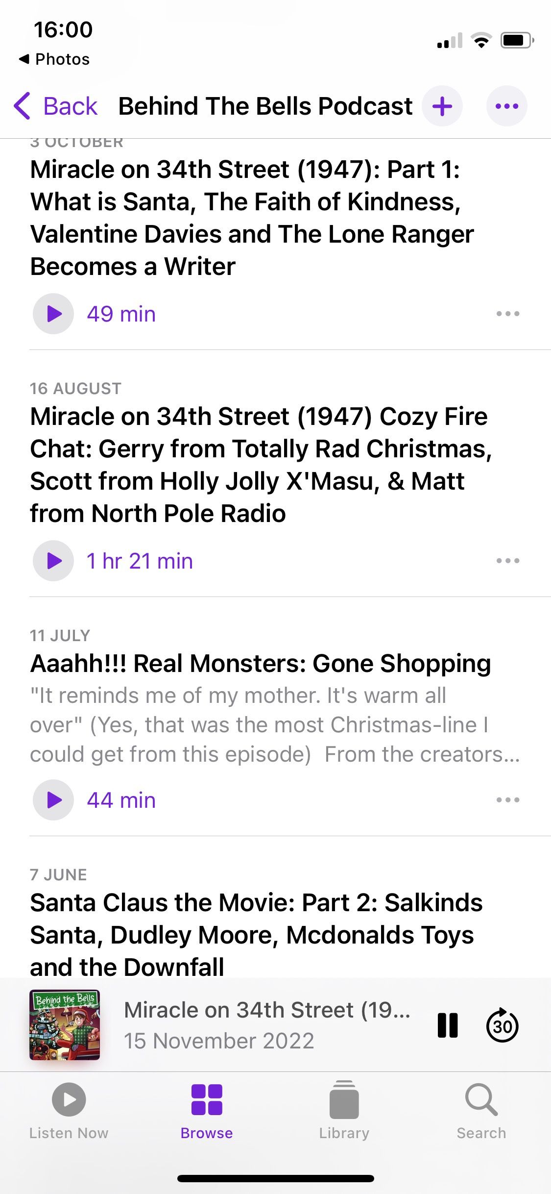 Screenshot of the Behind the Bells podcast showing the episode list