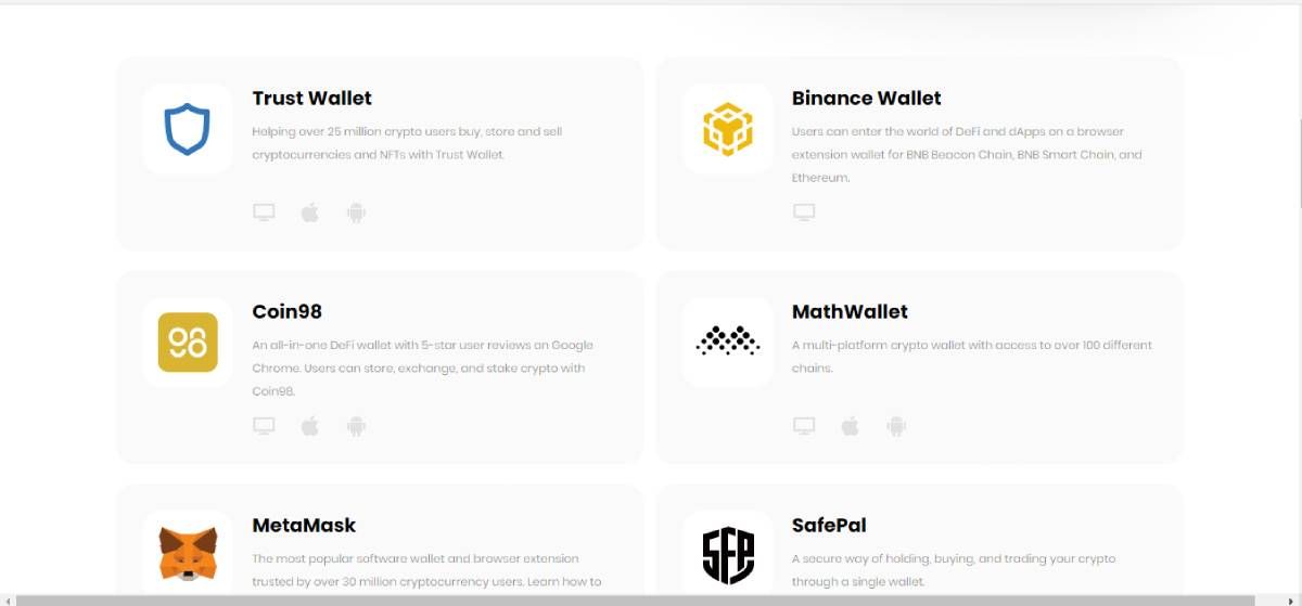 screenshot of binance chain homepage showing list of supported wallets