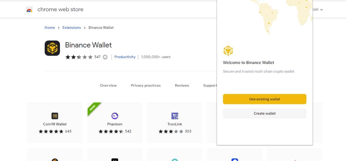 screenshot of binance chain wallet showing options to create a wallet