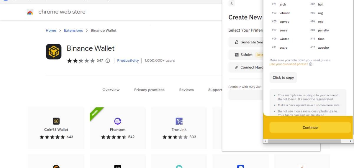 screenshot of binance chain wallet showing recovery seed phrase