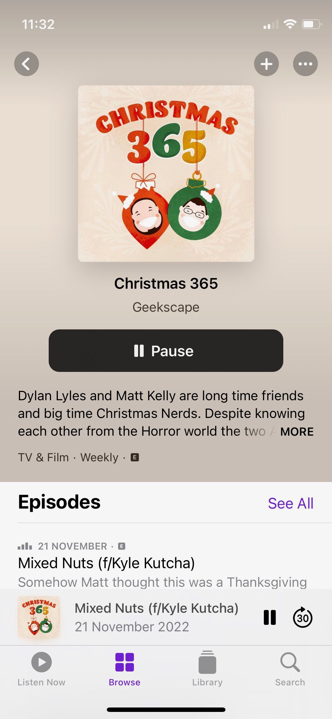 Capture d'écran de l'écran d'accueil du podcast de Noël 365