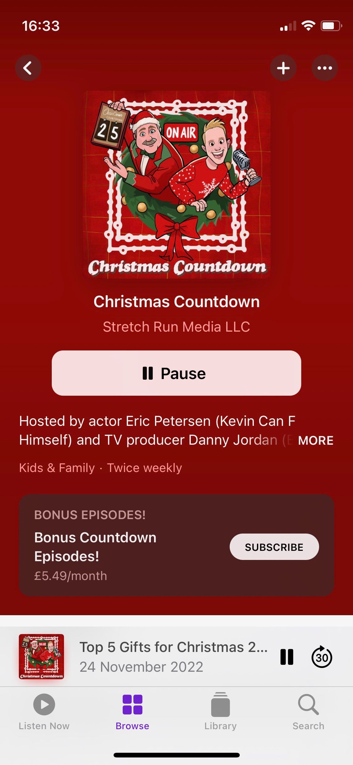 Capture d'écran de l'écran d'accueil du podcast Christmas Countdown
