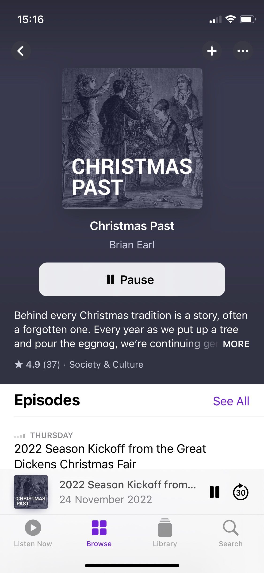Capture d'écran de l'écran d'accueil du podcast Christmas Past