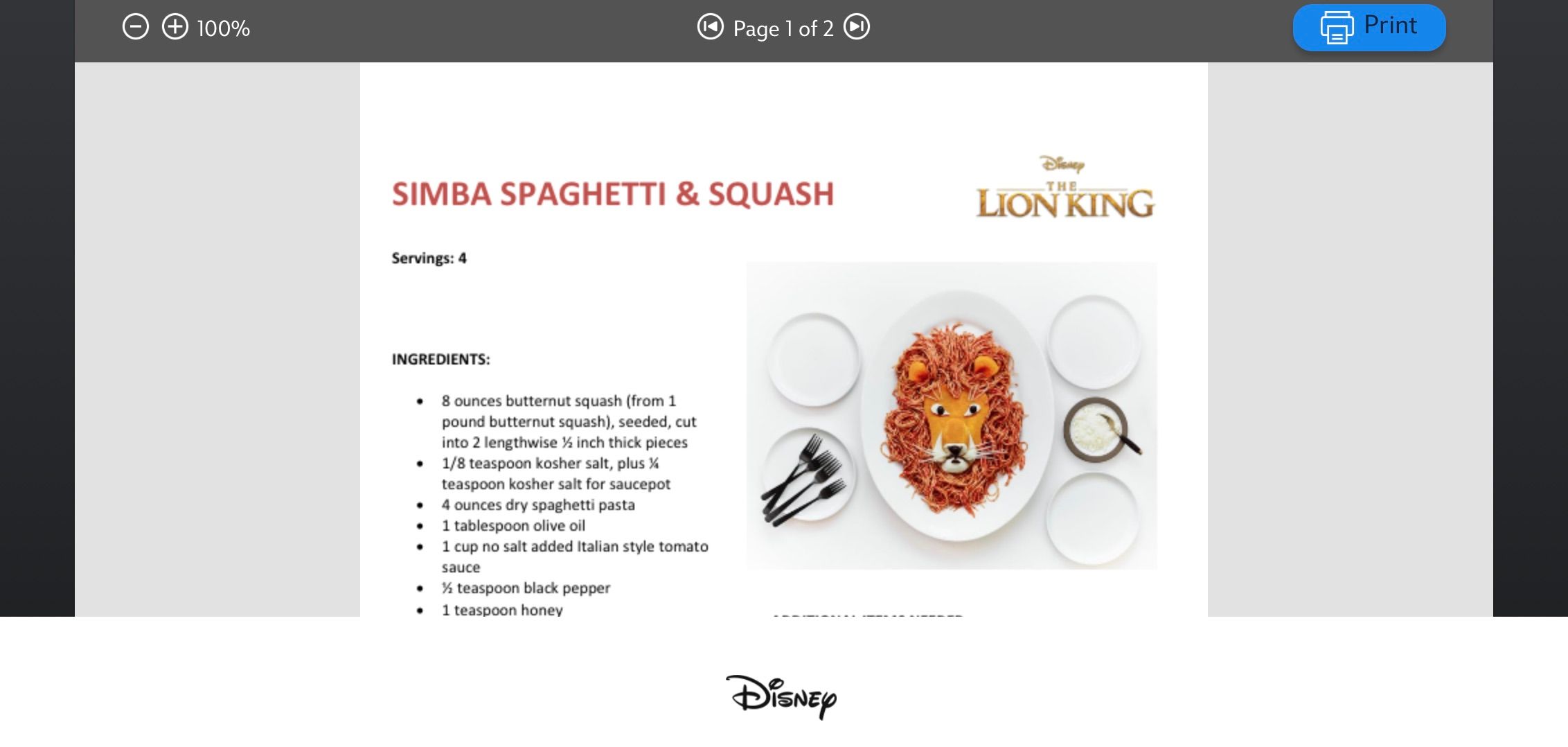 Screenshot of the Disney Healthy Living website showing the Simba Spaghetti recipe