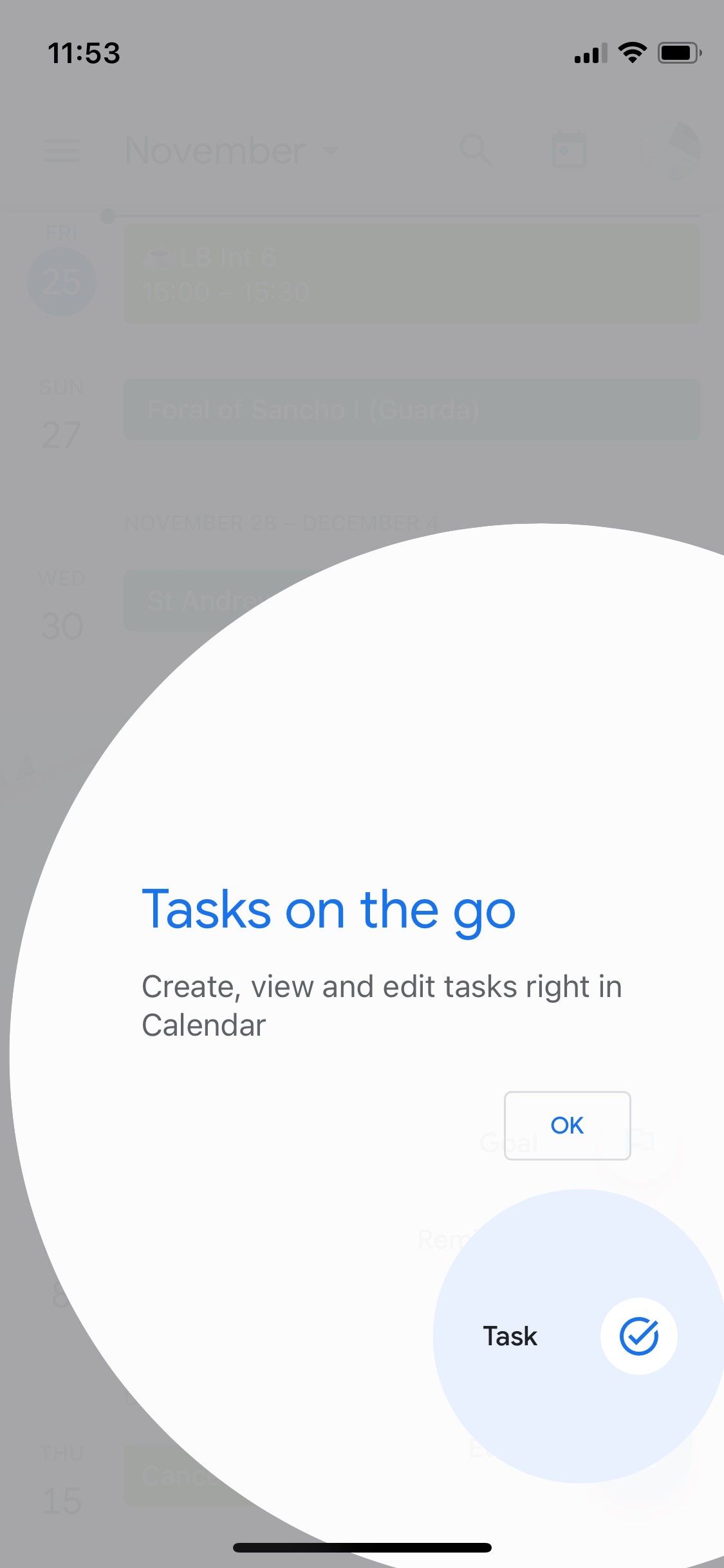 Screenshot of Google Calendar Creating Tasks pop up menu