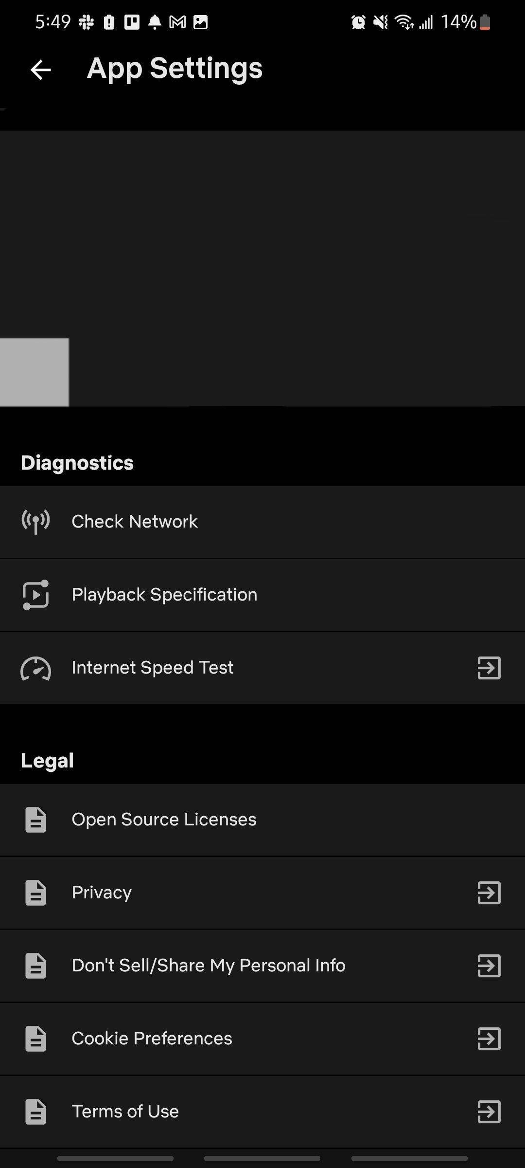 screenshot of mobile netflix app settings