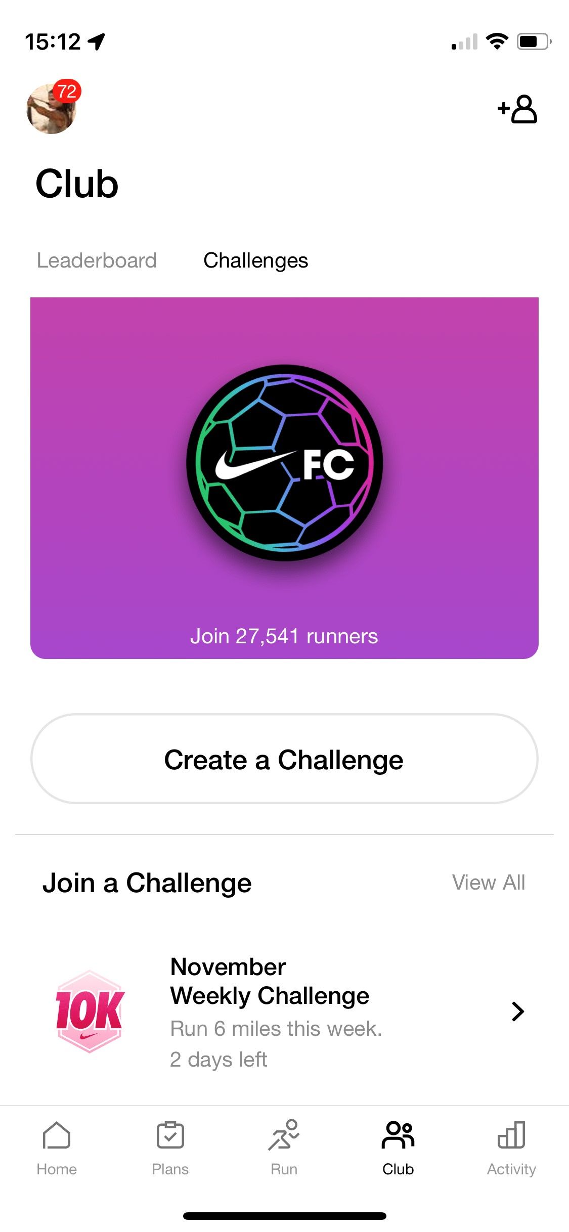 Screenshot of Nike Run Club app club page