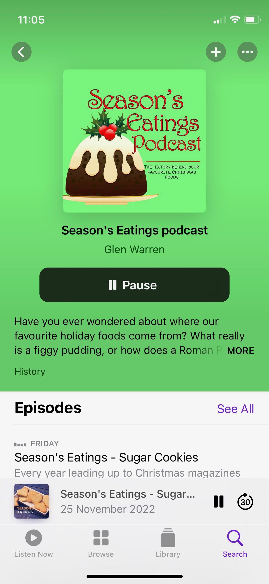 Capture d'écran de l'écran d'accueil du podcast Seasons Eatings