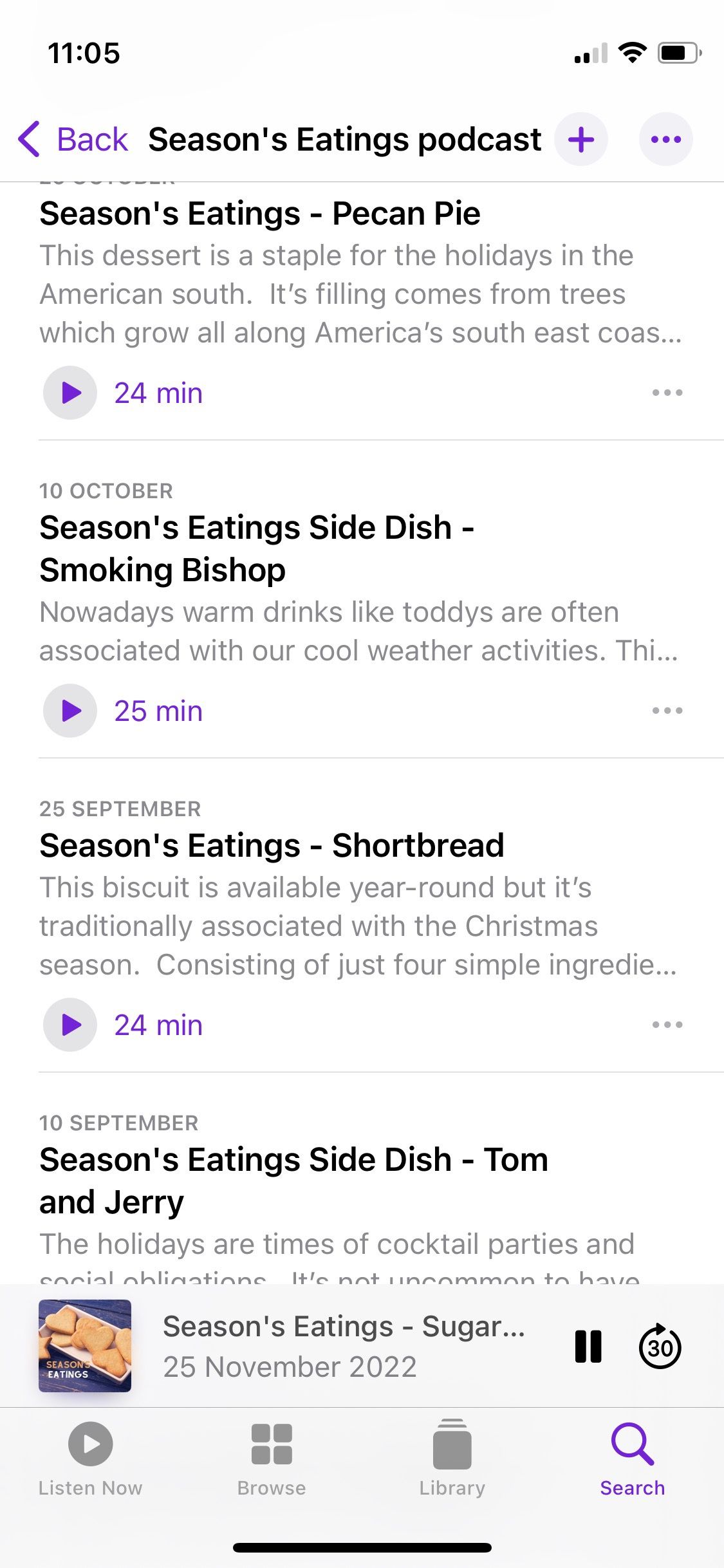 Capture d'écran du podcast Seasons Eatings montrant la liste des épisodes