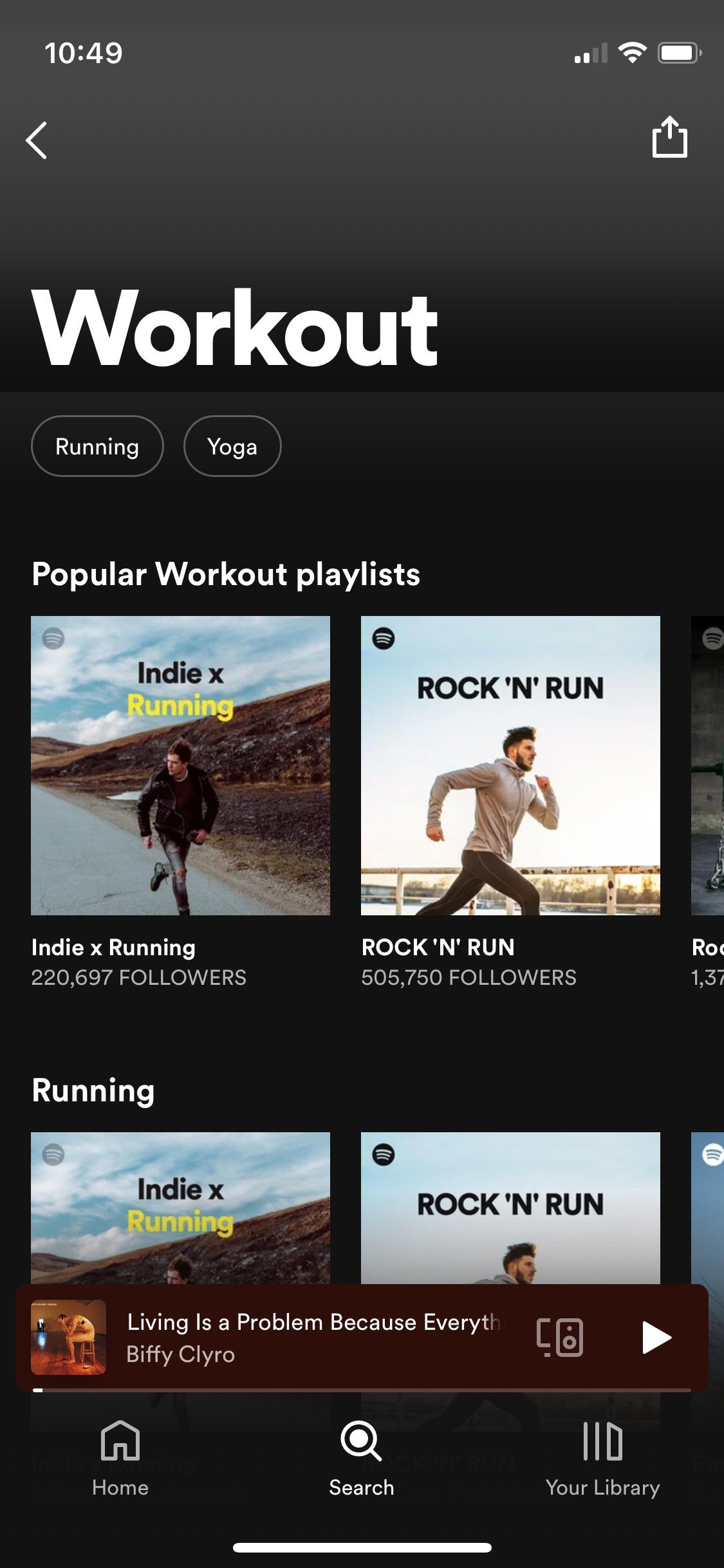 Screenshot of Spotify list of workout playlists